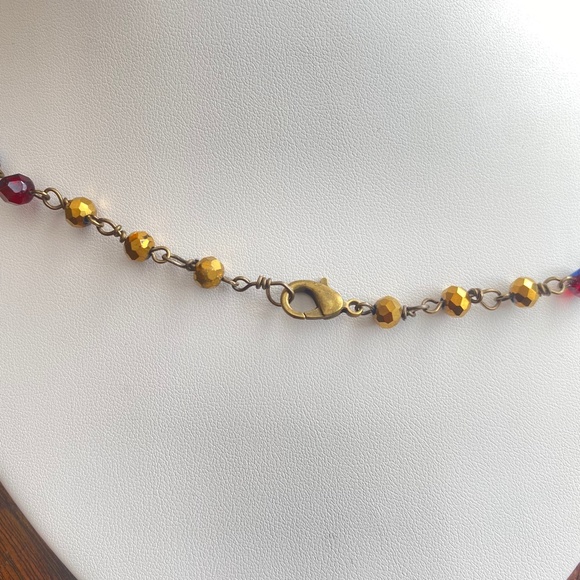 Snowflake Beaded Rosary Style Red, Brass & Golden Wire Wrapped Necklace - Picture 4 of 8